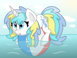 Size: 1960x1470 | Tagged: safe, artist:partylikeanartist, imported from derpibooru, oc, oc only, oc:wingding, pony, unicorn, beach, beach ball, floating, solo, water