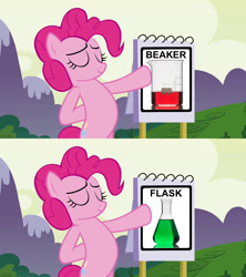 Size: 1280x1440 | Tagged: safe, edit, edited screencap, imported from derpibooru, screencap, pinkie pie, earth pony, pony, amending fences, too many pinkie pies, beaker, bipedal, erlenmeyer flask, female, flask, flipchart, mare, meme, pinkie's educational comparison aid, solo