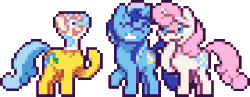 Size: 360x140 | Tagged: safe, artist:mrponiator, imported from derpibooru, lemon hearts, minuette, twinkleshine, pony, unicorn, amending fences, animated, erlenmeyer flask, eyes closed, female, filly, flaskhead hearts, grin, laughing, pixel art, season 5 pixel art, simple background, smiling, stuck, transparent background