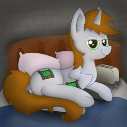 Size: 1280x1280 | Tagged: safe, artist:flufgun, imported from derpibooru, oc, oc only, oc:littlepip, pony, unicorn, fallout equestria, bed, butt, fanfic, fanfic art, female, horn, mare, pipbuck, plot, smug, solo, toaster repair pony