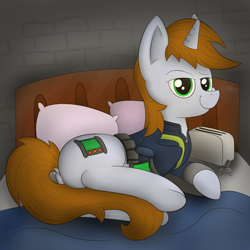 Size: 1280x1280 | Tagged: safe, artist:flufgun, imported from derpibooru, oc, oc only, oc:littlepip, pony, unicorn, fallout equestria, bed, butt, clothes, fanfic, fanfic art, female, horn, jumpsuit, mare, pipbuck, plot, solo, toaster repair pony, vault suit