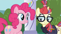 Size: 715x404 | Tagged: safe, imported from derpibooru, screencap, moondancer, pinkie pie, earth pony, pony, unicorn, amending fences, season 5, discovery family logo, duo, glasses