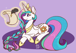 Size: 1024x721 | Tagged: safe, artist:leafbunny, imported from derpibooru, princess celestia, alternate hairstyle, braid, collar, colored pupils, cute, cutelestia, female, glowing horn, jewelry, magic, necklace, paper, prone, quill, regalia, solo, telekinesis