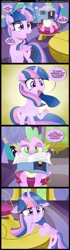 Size: 900x3225 | Tagged: safe, artist:coltsteelstallion, imported from derpibooru, spike, twilight sparkle, alicorn, pony, amending fences, book, comic, creeper, female, floppy ears, mare, minecraft, pouting, raised hoof, reading, sad, tower of pimps, twilight sparkle (alicorn), underhoof