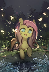 Size: 1015x1476 | Tagged: safe, artist:huaineko, imported from derpibooru, fluttershy, firefly (insect), pony, cute, female, forest, happy, mare, night, open mouth, pixiv, shyabetes, solo