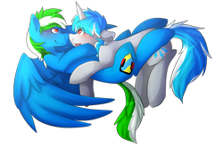 Size: 1280x851 | Tagged: safe, artist:oddends, imported from derpibooru, oc, oc only, oc:blue frost, oc:burnout, pegasus, pony, unicorn, advertisement, blushing, gay, male, open mouth, shipping, smiling, snuggling, ych result
