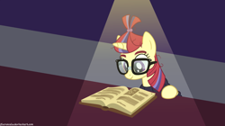 Size: 5000x2800 | Tagged: safe, artist:flarescale, imported from derpibooru, moondancer, pony, unicorn, absurd resolution, adorkable, book, cute, dancerbetes, dork, happy, reading, smiling, wallpaper