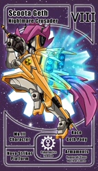 Size: 800x1399 | Tagged: safe, artist:vavacung, imported from derpibooru, scootaloo, female, gn-x, gundam, pactio card, solo