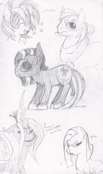 Size: 600x1014 | Tagged: safe, artist:comickit, imported from derpibooru, big macintosh, dj pon-3, pinkie pie, queen chrysalis, vinyl scratch, oc, earth pony, pony, male, monochrome, pinkamena diane pie, stallion, traditional art