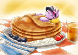 Size: 3559x2531 | Tagged: safe, artist:otakuap, imported from derpibooru, twilight sparkle, alicorn, pony, butter, cute, daaaaaaaaaaaw, eyes closed, female, food, i'm pancake, mare, micro, on back, pancakes, ponies in food, sleeping, smiling, solo, twiabetes, twilight sparkle (alicorn), weapons-grade cute