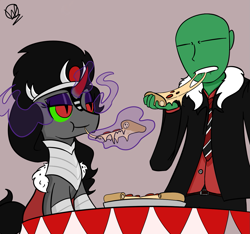 Size: 1261x1181 | Tagged: safe, artist:woo, edit, imported from derpibooru, king sombra, oc, oc:anon, human, pony, umbrum, pizza, queen umbra, rule 63, stupid sexy sombra