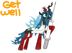 Size: 1024x745 | Tagged: dead source, safe, artist:crimredaria, imported from derpibooru, queen chrysalis, changeling, changeling queen, clothes, female, get well soon, giant syringe, nurse, nurse outfit, simple background, socks, solo, syringe, transparent background