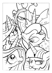 Size: 2651x3709 | Tagged: safe, artist:yewdee, imported from derpibooru, princess cadance, princess celestia, princess luna, queen chrysalis, twilight sparkle, alicorn, pony, alicorn tetrarchy, hierarchy, monochrome, tongue out, twilight sparkle (alicorn)