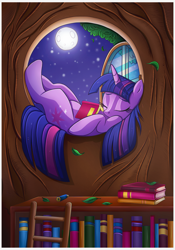 Size: 2101x3000 | Tagged: safe, artist:sherwoodwhisper, artist:vocalmaker, imported from derpibooru, twilight sparkle, alicorn, pony, twilight time, adorkable, book, bookshelf, cute, dork, eyes closed, female, high res, leaf, library, mare, moonlight, on back, sleeping, solo, twiabetes, twilight sparkle (alicorn), window