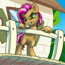 Size: 1500x1500 | Tagged: safe, artist:kp-shadowsquirrel, imported from derpibooru, babs seed, earth pony, pony, clubhouse, crusaders clubhouse, female, filly, freckles, scene interpretation, smiling, solo, standing, underhoof