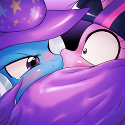 Size: 1000x1000 | Tagged: safe, artist:ushiro no kukan, imported from derpibooru, trixie, twilight sparkle, pony, unicorn, blushing, crying, duo, female, kiss on the lips, kissing, lesbian, mare, shipping, surprise kiss, surprised, trixie's cape, trixie's hat, twixie