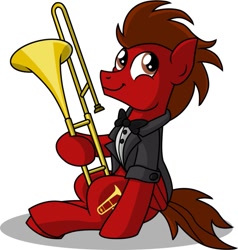 Size: 873x916 | Tagged: dead source, safe, artist:veggie55, imported from derpibooru, oc, oc only, oc:slide fortissimo, pegasus, pony, clothes, musical instrument, simple background, solo, trombone, tuxedo, white background