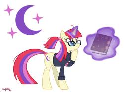 Size: 1660x1230 | Tagged: dead source, safe, artist:arylett-charnoa, imported from derpibooru, moondancer, unicorn, amending fences, book, cutie mark, female, long tail, magic, ponytail, simple background, solo, tail