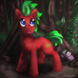 Size: 2000x2000 | Tagged: safe, artist:roselinath, imported from derpibooru, oc, oc only, oc:cloverfield, earth pony, earth pony oc, forest, looking up, solo