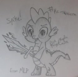 Size: 555x551 | Tagged: safe, artist:pickfairy, imported from derpibooru, spike, male, monochrome, sketch, solo, sword, traditional art