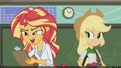 Size: 1920x1080 | Tagged: safe, imported from derpibooru, screencap, applejack, sunset shimmer, equestria girls, friendship games, the science of magic, chalkboard, clipboard, clock, pencil, sunset the science gal