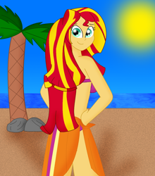 Size: 900x1021 | Tagged: safe, artist:cyber-murph, imported from derpibooru, sunset shimmer, equestria girls, beach, bikini, clothes, female, looking at you, looking back, palm tree, purple bikini, purple swimsuit, sarong, small head, solo, swimsuit, swimsuit sunset shimmer, tree