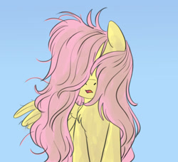 Size: 800x730 | Tagged: safe, artist:carnifex, imported from derpibooru, fluttershy, pony, blue background, chest fluff, cute, dirty, female, frown, hair over eyes, mare, messy mane, open mouth, simple background, solo, windswept mane