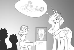 Size: 1001x680 | Tagged: safe, artist:mistermech, imported from derpibooru, princess celestia, princess luna, cute, cutelestia, filly, memories, monochrome, sillestia, silly, vase, younger