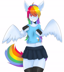 Size: 4000x4450 | Tagged: safe, artist:peebles15, imported from derpibooru, rainbow dash, anthro, belly button, clothes, female, fingerless gloves, gloves, human facial structure, midriff, miniskirt, skirt, socks, solo, thigh highs, zettai ryouiki