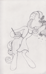 Size: 1667x2696 | Tagged: safe, artist:coltboy, imported from derpibooru, rarity, apron, baking, clothes, cooking, female, lineart, monochrome, pencil drawing, solo, traditional art