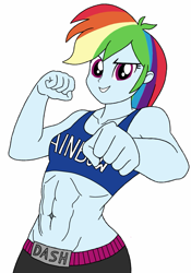 Size: 897x1280 | Tagged: safe, artist:blondenobody, imported from derpibooru, rainbow dash, equestria girls, abs, alternate clothes, alternate costumes, belly button, clothes, female, midriff, muscles, rainbuff dash, solo, sports bra