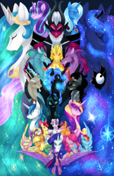 Size: 1488x2300 | Tagged: safe, artist:tomocreations, imported from derpibooru, adagio dazzle, apple bloom, applejack, aria blaze, discord, fluttershy, king sombra, lord tirek, nightmare moon, pinkie pie, princess cadance, princess celestia, princess luna, queen chrysalis, rainbow dash, rarity, scootaloo, shining armor, sonata dusk, spike, starlight glimmer, sweetie belle, trixie, twilight sparkle, alicorn, centaur, draconequus, pony, siren, alicorn amulet, antagonist, cutie mark crusaders, duality, elements of harmony, epic, female, flowerbuttpony, group, mane seven, mane six, mare, the dazzlings, twilight sparkle (alicorn)