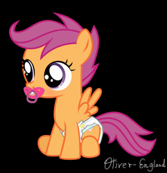 Size: 822x854 | Tagged: dead source, safe, artist:oliver-england, imported from derpibooru, scootaloo, baby, cute, cutealoo, diaper, female, pacifier, solo