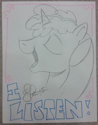 Size: 1975x2531 | Tagged: safe, artist:andypriceart, imported from derpibooru, party favor, pony, unicorn, blatant lies, eyes closed, i didn't listen, male, meme, open mouth, photo, smiling, solo, stallion, subversion, subverted meme, traditional art, underhoof