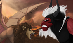 Size: 2840x1672 | Tagged: safe, artist:boomythemc, artist:earthsong9405, artist:php130, imported from derpibooru, lord tirek, scorpan, angry, brothers, collaboration, duo, epic, eye contact, fight, fire, glare, gritted teeth, headcanon, male, nose piercing, nose ring, open mouth, piercing, scene interpretation, septum piercing, snarling, spread wings, volcano