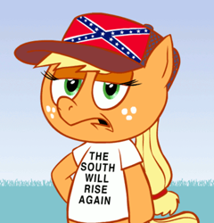 Size: 365x380 | Tagged: safe, artist:hotdiggedydemon, edit, imported from derpibooru, applejack, pony, ask jappleack, american civil war, ask, battle flag of tennessee, bigotjack, civil war, clothes, confederate, confederate flag, cropped, drama, female, flag, hat, jappleack, mouthpiece, op is a duck, op is trying to start shit, out of character, racism, redneck, solo, t-shirt, the south will rise again, trucker's cap, tumblr