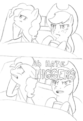 Size: 460x672 | Tagged: artist needed, safe, imported from derpibooru, applejack, pinkie pie, earth pony, pony, angry, car, comic, cowboy hat, dialogue, driving, duo, female, grayscale, hat, mare, monochrome, mouthpiece, op is a duck, out of character, panels, racial slur, racism, uncomfortable, vulgar