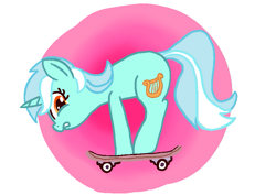 Size: 809x574 | Tagged: safe, artist:tanmansmantan, imported from derpibooru, lyra heartstrings, pony, unicorn, abstract background, circle background, female, nervous, skateboard, solo