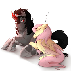 Size: 2000x2000 | Tagged: safe, artist:evehly, imported from derpibooru, fluttershy, king sombra, butt pillow, butthug, cuddling, female, floppy ears, fluffy, frown, leaning, male, on side, shipping, side, sleeping, snuggling, sombrashy, straight, unamused, underhoof