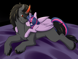 Size: 2100x1600 | Tagged: safe, artist:duskyamore, imported from derpibooru, king sombra, twilight sparkle, alicorn, pony, cuddling, cute, female, male, mare, shipping, snuggling, sombradorable, straight, twiabetes, twibra, twilight sparkle (alicorn)