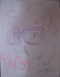 Size: 586x750 | Tagged: safe, artist:andypriceart, imported from derpibooru, twist, female, glasses, looking at you, open mouth, sketch, solo, traditional art