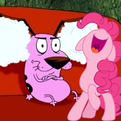 Size: 500x500 | Tagged: safe, imported from derpibooru, pinkie pie, dog, earth pony, pony, cartoon network, courage, courage (character), courage the cowardly dog, female, male, mare, singing, varying degrees of amusement