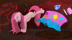 Size: 2000x1117 | Tagged: safe, artist:jinyaranda, imported from derpibooru, pinkie pie, party of one, bucking, cake, pinkamena diane pie, solo, table