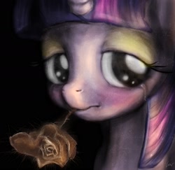 Size: 1873x1819 | Tagged: safe, artist:oblitor, imported from derpibooru, twilight sparkle, crying, female, flower, mouth hold, rose, sad, solo