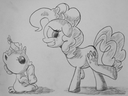 Size: 1400x1050 | Tagged: safe, artist:inkygarden, imported from derpibooru, pinkie pie, pumpkin cake, charcoal (medium), charcoal drawing, grayscale, monochrome, sketch, sock, traditional art