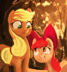 Size: 1024x1100 | Tagged: safe, artist:dimfann, imported from derpibooru, apple bloom, applejack, earth pony, pony, :t, bow, female, filly, freckles, grin, hat, looking at each other, mare, sisters, smiling