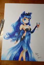 Size: 1396x2048 | Tagged: safe, artist:claire lin, imported from derpibooru, princess luna, human, cleavage, clothes, dress, female, humanized, side slit, solo, traditional art