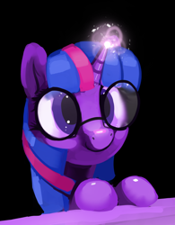 Size: 1024x1314 | Tagged: safe, artist:dimfann, imported from derpibooru, twilight sparkle, cute, female, glasses, glowing horn, leaning, magic, purple smart, smiling, solo, twiabetes