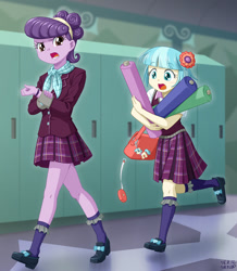 Size: 1000x1147 | Tagged: safe, artist:uotapo, imported from derpibooru, coco pommel, suri polomare, equestria girls, :o, bag, carrying, clothes, clumsy, cocobetes, crystal prep academy, crystal prep academy uniform, cute, dropping, equestria girls-ified, fabric, female, frown, glare, keychain, open mouth, purse, running, school uniform, shoes, skirt, socks, suribetes, uotapo is trying to murder us, watch, wristwatch