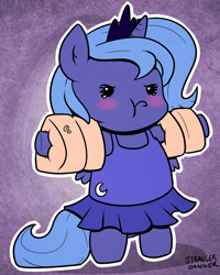 Size: 943x1181 | Tagged: safe, artist:strangerdanger, imported from derpibooru, princess luna, pony, :t, annoyed, attached skirt, beady eyes, bipedal, blushing, chibi, clothes, crying, cute, female, filly, floaty, frown, lunabetes, one-piece swimsuit, pouting, solo, swimsuit, water wings, woona